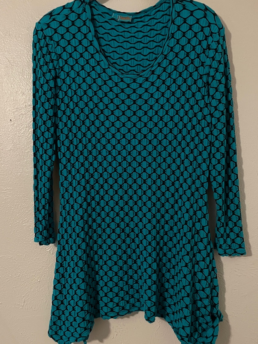 Tianello Turquoise Black Honeycomb Knit Tunic Geometric Handkerchief Hem S